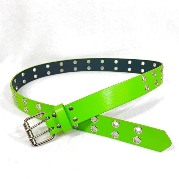 Double Grommet Green Faux Leather Belt 2-Row Studded Unisex XL - Like New - Picture 3 of 7